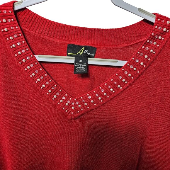 Allegra Red V-Neck Sweater With Studded Neckline - Size 3X - Picture 2 of 4